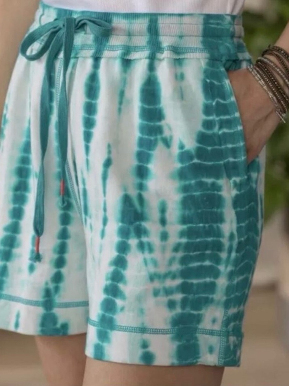 Sundance Tie-Dye Batik Knit High Waist Drawstring Shorts — Teal & White